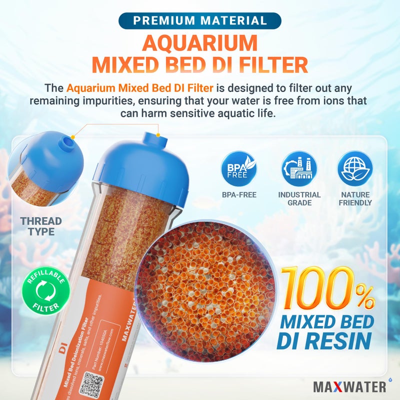 Max Water 10" Refillable Mixed Bed Ion Exchange Aquarium Filter for High TDS Water, RO DI Resin Refillable Housing with Clamps &Fittings, Compatible with 10" Aquarium Reverse Osmosis Water Filtration Systems - Image 4